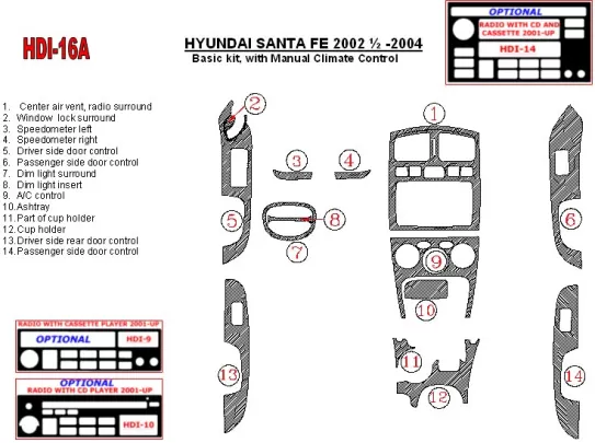 Hyundai Santa Fe 2002-2004 Basic Set, With Manual Gearbox Climate Control, 15 Parts set Interior BD Dash Trim Kit - 1 Hyundai Santa Fe 2002-2004 Basic Set, With Manual Gearbox Climate Control, 15 Parts set Interior BD Dash Trim Kit - 1