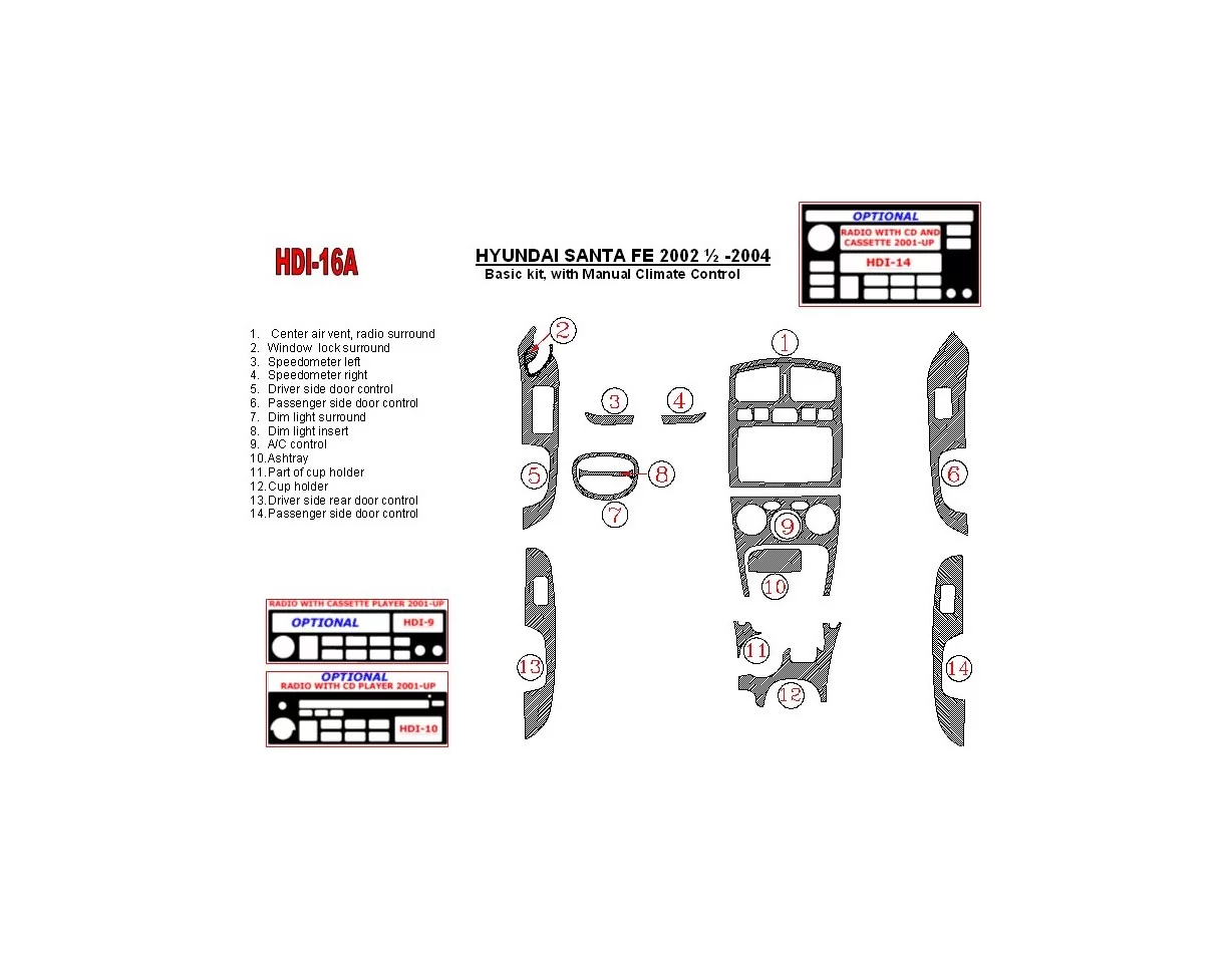 Hyundai Santa Fe 2002-2004 Basic Set, With Manual Gearbox Climate Control, 15 Parts set Interior BD Dash Trim Kit - 1