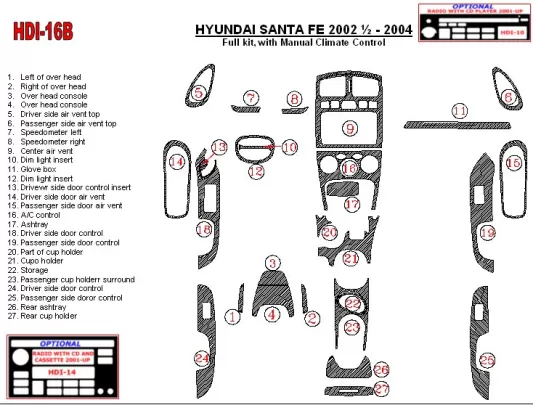 Hyundai Santa Fe 2002-2004 Full Set, With Manual Gearbox Climate Control, 28 Parts set Interior BD Dash Trim Kit - 1 - Interior Hyundai Santa Fe 2002-2004 Full Set, With Manual Gearbox Climate Control, 28 Parts set Interior BD Dash Trim Kit - 1 - Interior