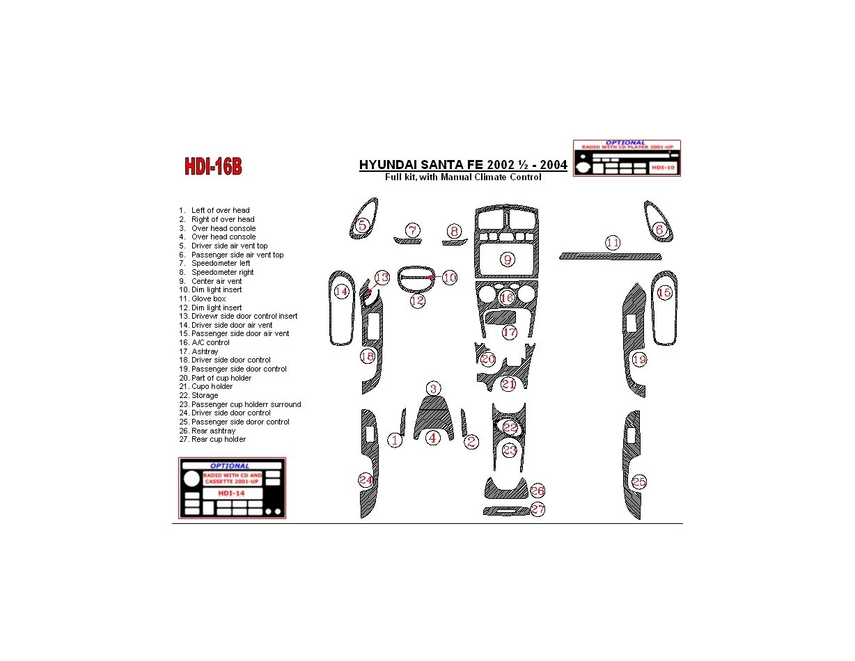 Hyundai Santa Fe 2002-2004 Full Set, With Manual Gearbox Climate Control, 28 Parts set Interior BD Dash Trim Kit - 1