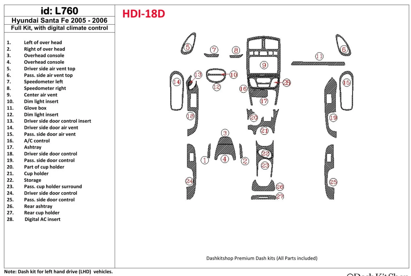 Hyundai Santa Fe 2005-2006 Full Set, with climate-control Interior BD Dash Trim Kit - 1 - Interior Dash Trim Kit