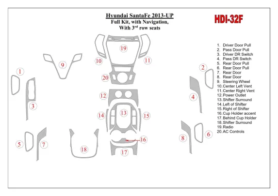 Hyundai Santa Fe 2013-UP Volledige set, met NAVI, met 3 rij stoelen Interieur BD Dash Trim Kit - 1 Hyundai Santa Fe 2013-UP Volledige set, met NAVI, met 3 rij stoelen Interieur BD Dash Trim Kit - 1