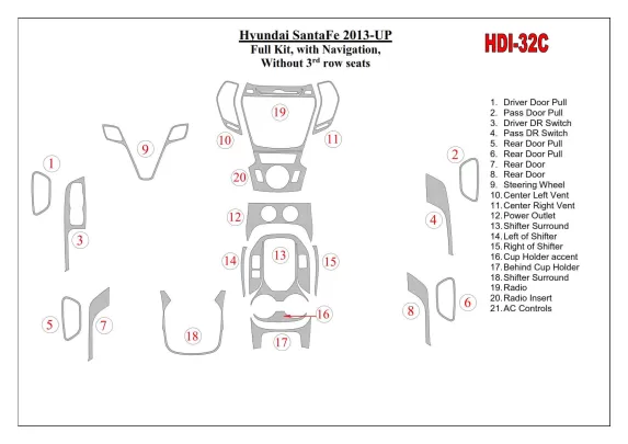 Hyundai Santa Fe 2013-UP Volledige set, met NAVI, zonder 3 rij stoelen Interieur BD Dash Trim Kit - 1 Hyundai Santa Fe 2013-UP Volledige set, met NAVI, zonder 3 rij stoelen Interieur BD Dash Trim Kit - 1