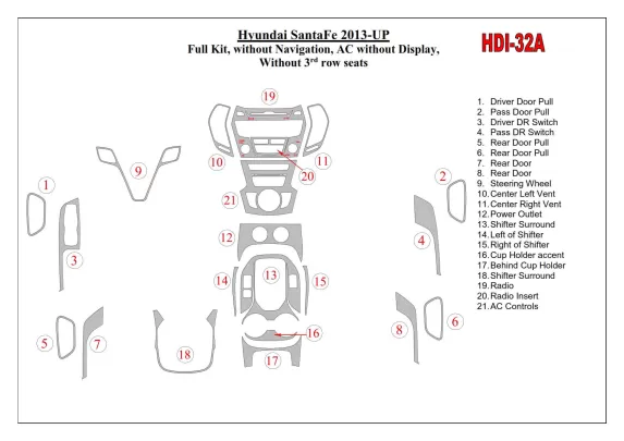 Hyundai Santa Fe 2013-UP Volledige Set, Zonder NAVI, Climate-Control Zonder Display, Zonder 3 rij stoelen Interieur BD Dash Trim Hyundai Santa Fe 2013-UP Volledige Set, Zonder NAVI, Climate-Control Zonder Display, Zonder 3 rij stoelen Interieur BD Dash Trim