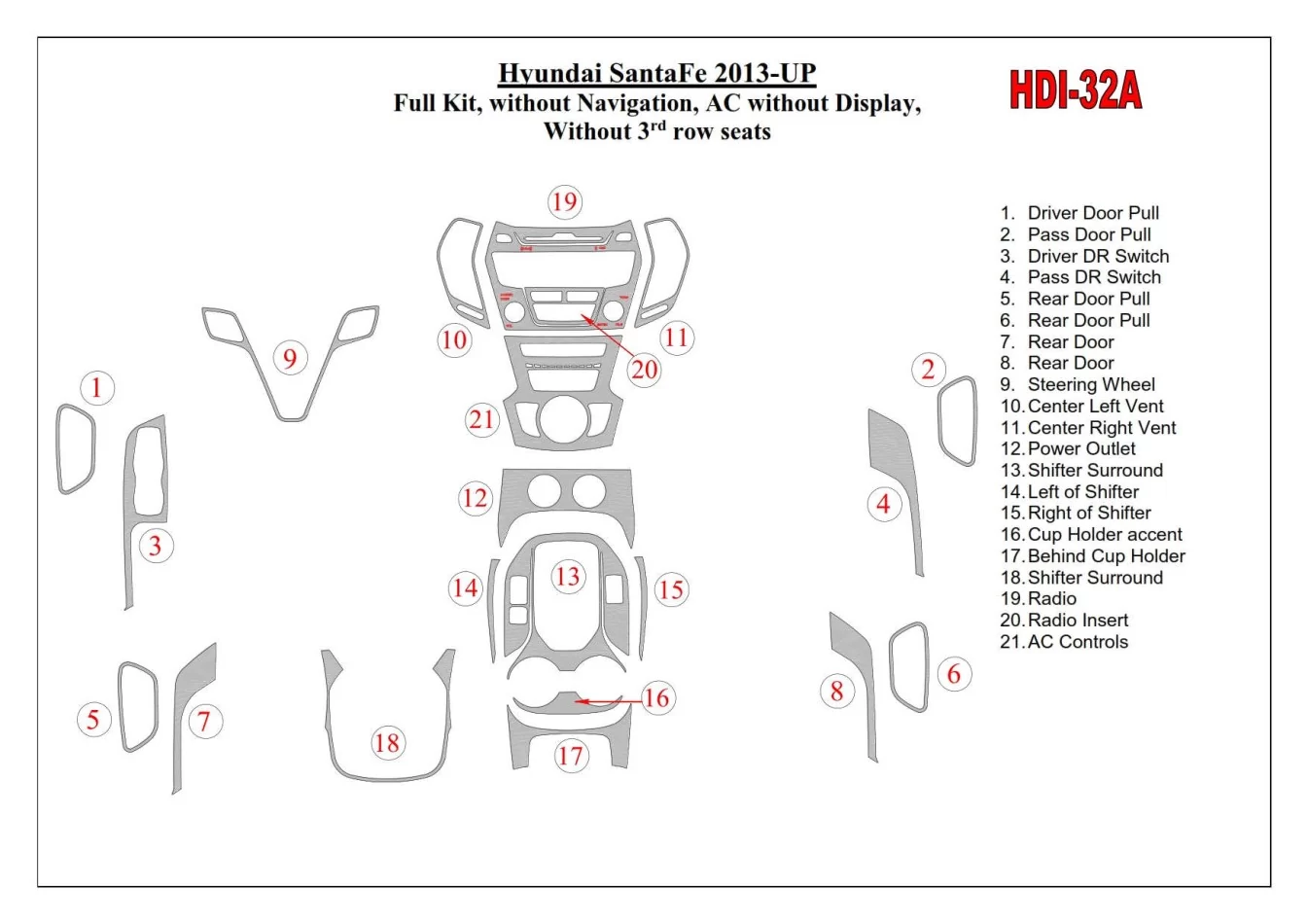 Ensemble complet Hyundai Santa Fe 2013-UP, sans NAVI, climatisation sans affichage, sans sièges à 3 rangées Kit de garniture de 