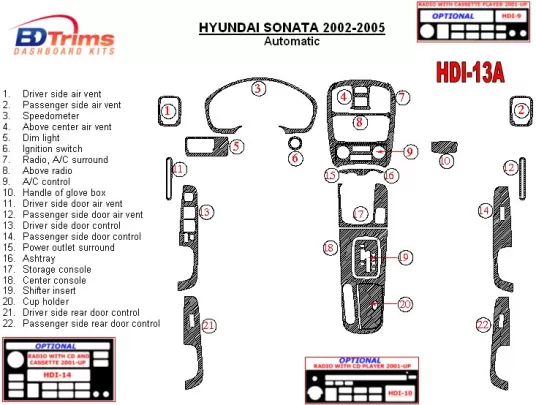Hyundai Sonata 2002-2005 pour kit de garniture de tableau de bord intérieur BD à engrenage automatique - 1 Hyundai Sonata 2002-2005 pour kit de garniture de tableau de bord intérieur BD à engrenage automatique - 1