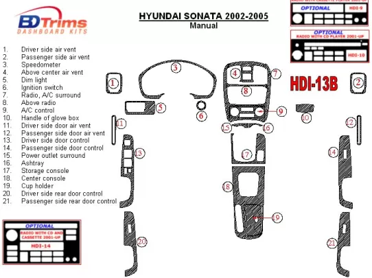 Hyundai Sonata 2002-2005 pour kit de garniture de tableau de bord BD intérieur de boîte de vitesses manuelle - 1 Hyundai Sonata 2002-2005 pour kit de garniture de tableau de bord BD intérieur de boîte de vitesses manuelle - 1