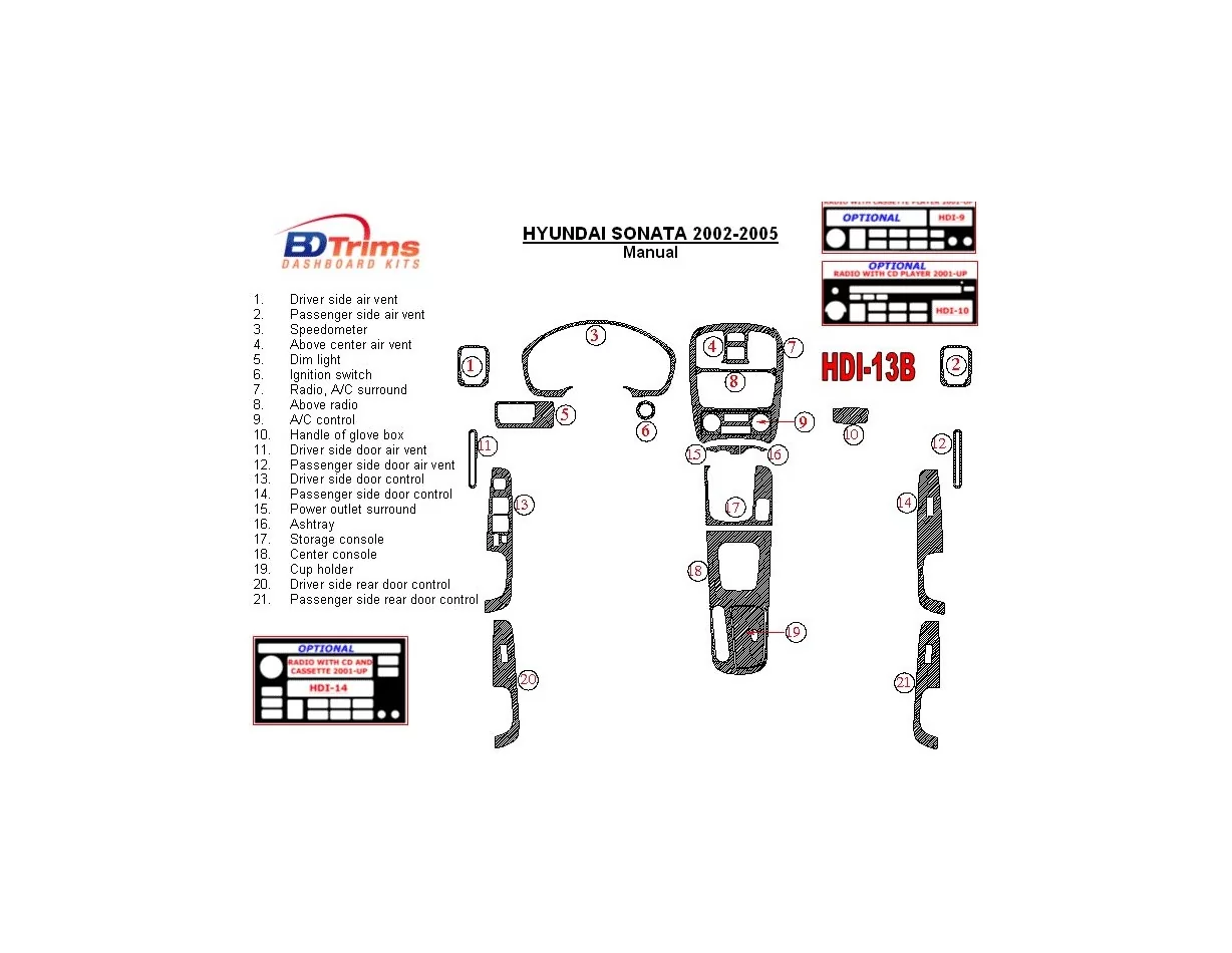 Hyundai Sonata 2002-2005 pour kit de garniture de tableau de bord BD intérieur de boîte de vitesses manuelle - 1