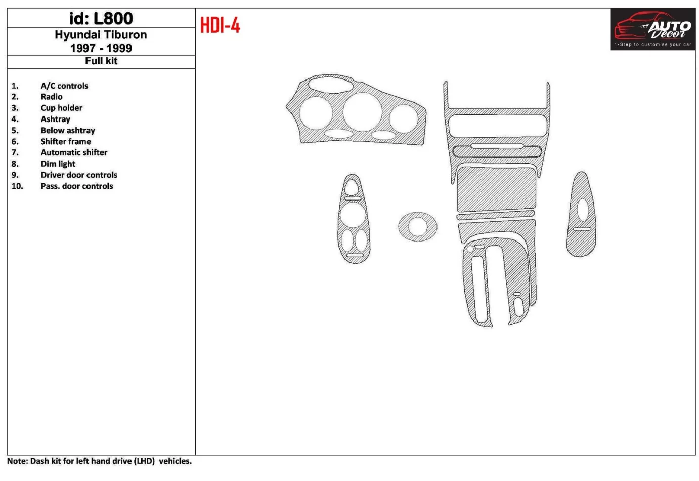 Hyundai Tiburon 1997-1999 Full Set, 10 Parts set Interior BD Dash Trim Kit - 1 - Interior Dash Trim Kit