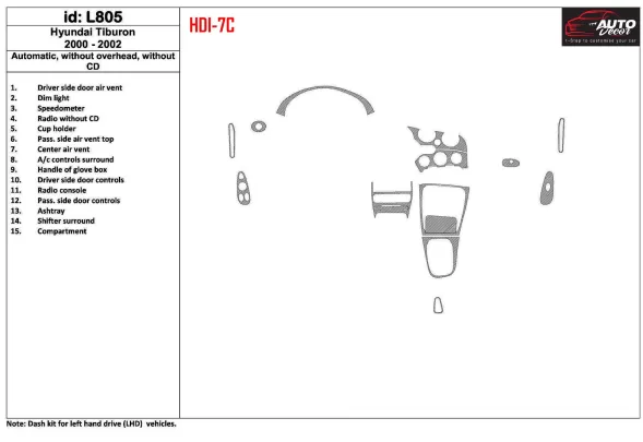 Boîte de vitesses automatique Hyundai Tiburon 2000-2002, sans CD, ensemble de 15 pièces Kit de garniture de tableau de bord inté Boîte de vitesses automatique Hyundai Tiburon 2000-2002, sans CD, ensemble de 15 pièces Kit de garniture de tableau de bord inté