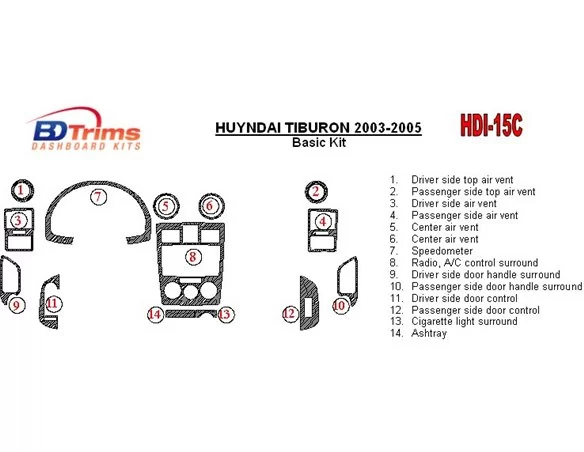 Hyundai Tiburon 2003-2005 Basic Set, 16 Parts set Interior BD Dash Trim Kit - 1