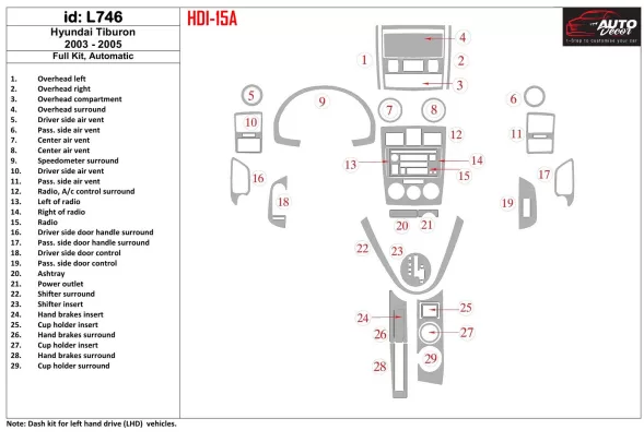 Hyundai Tiburon 2003-2005 Ensemble complet, kit de garniture de tableau de bord intérieur BD pour boîte de vitesses automatique Hyundai Tiburon 2003-2005 Ensemble complet, kit de garniture de tableau de bord intérieur BD pour boîte de vitesses automatique