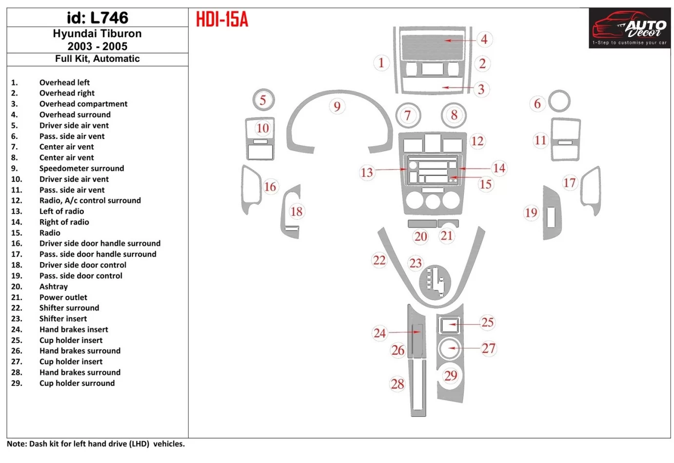 Hyundai Tiburon 2003-2005 Full Set, Automatic Gearbox Interior BD Dash Trim Kit - 1 - Interior Dash Trim Kit