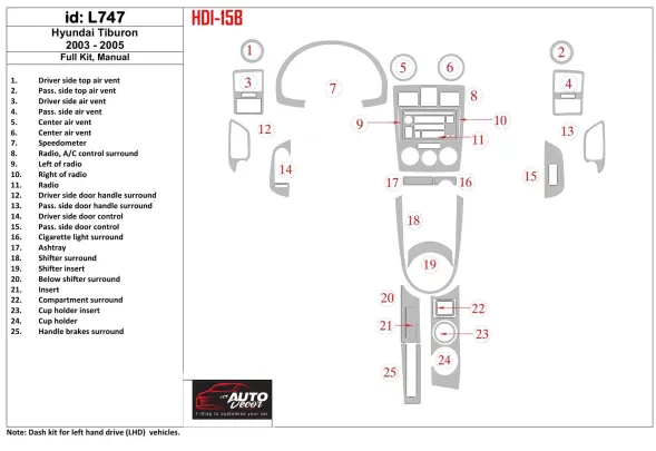 Hyundai Tiburon 2003-2005 Ensemble complet, kit de garniture de tableau de bord intérieur BD pour boîte de vitesses manuelle - 1 Hyundai Tiburon 2003-2005 Ensemble complet, kit de garniture de tableau de bord intérieur BD pour boîte de vitesses manuelle - 1