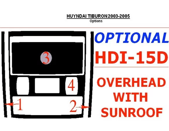 Hyundai Tiburon 2003-2005 Overhead Met schuifdak, 4-delige set Interieur BD Dash Trim Kit - 1