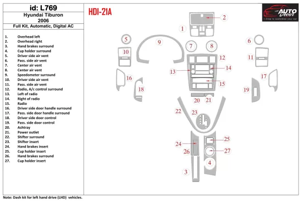 Hyundai Tiburon 2006-2006 Ensemble complet, Auto, Kit de garniture de tableau de bord intérieur AC automatique BD - 1