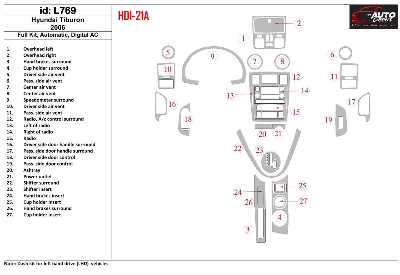 Hyundai Tiburon 2006-2006 Ensemble complet, Auto, Kit de garniture de tableau de bord intérieur AC automatique BD - 1