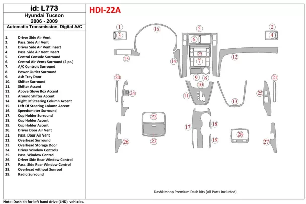 Kit de garniture de tableau de bord intérieur BD pour Hyundai Tucson 2006-2009 - 1 Kit de garniture de tableau de bord intérieur BD pour Hyundai Tucson 2006-2009 - 1