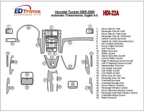 Hyundai Tucson 2006-2009 Automatic Gear Interior BD Custom Dash Trim Kit