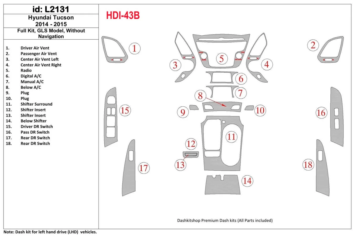 Hyundai Tucson 2014-2015 Full Set, c NAVI, Limited Model Interior BD Dash Trim Kit - 1 - Interior Dash Trim Kit