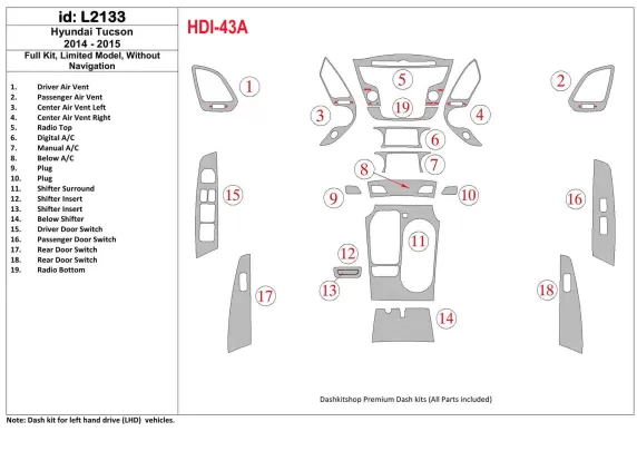 Ensemble complet Hyundai Tucson 2014-2015, sans NAVI, kit de garniture de tableau de bord BD intérieur modèle GLS - 1 Ensemble complet Hyundai Tucson 2014-2015, sans NAVI, kit de garniture de tableau de bord BD intérieur modèle GLS - 1