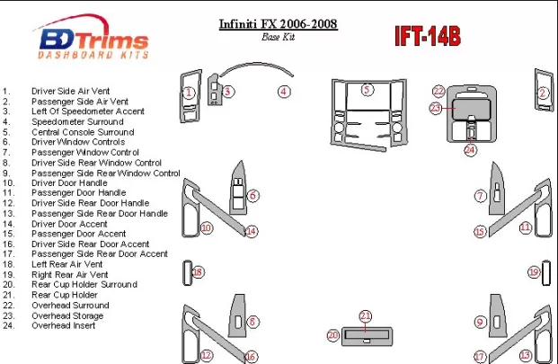 Infiniti FX 2006-2008 Kit de garniture de tableau de bord intérieur BD de base - 1 Infiniti FX 2006-2008 Kit de garniture de tableau de bord intérieur BD de base - 1