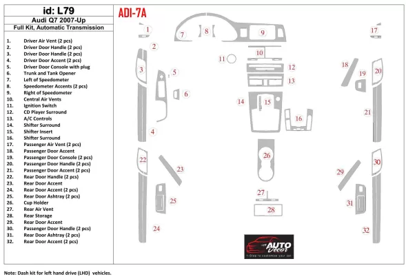 Audi Q7 2007-UP Ensemble complet, vitesse automatique, kit de garniture de tableau de bord BD intérieur OEM en aluminium - 1 Audi Q7 2007-UP Ensemble complet, vitesse automatique, kit de garniture de tableau de bord BD intérieur OEM en aluminium - 1