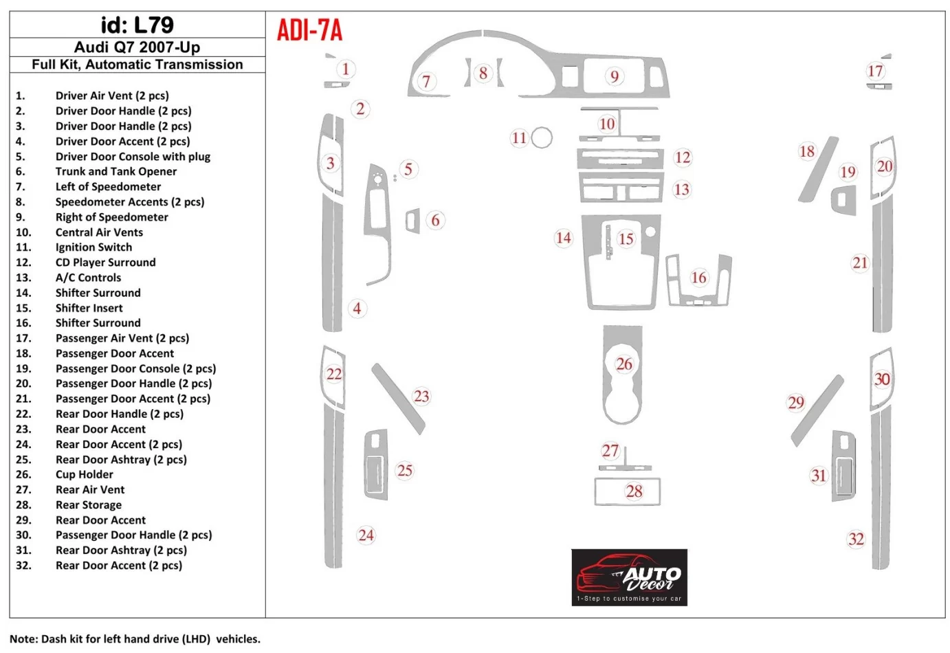 Audi Q7 2007-UP Full Set, Automatic Gear, Aluminum OEM Interior BD Dash Trim Kit - 1 - Interior Dash Trim Kit