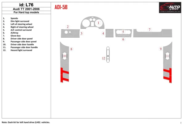 Audi TT 2001-2006 Toit souple-Coupé, 12 Pièces Set Intérieur BD Dash Trim Kit - 1 Audi TT 2001-2006 Toit souple-Coupé, 12 Pièces Set Intérieur BD Dash Trim Kit - 1