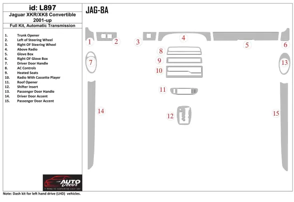 Jaguar XKR/XK8 2001-UP volledige set, automatische versnellingsbak interieur BD dashboard trimkit - 1 Jaguar XKR/XK8 2001-UP volledige set, automatische versnellingsbak interieur BD dashboard trimkit - 1