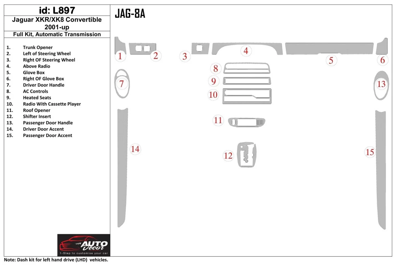 Jaguar XKR/XK8 2001-UP volledige set, automatische versnellingsbak interieur BD dashboard trimkit - 1