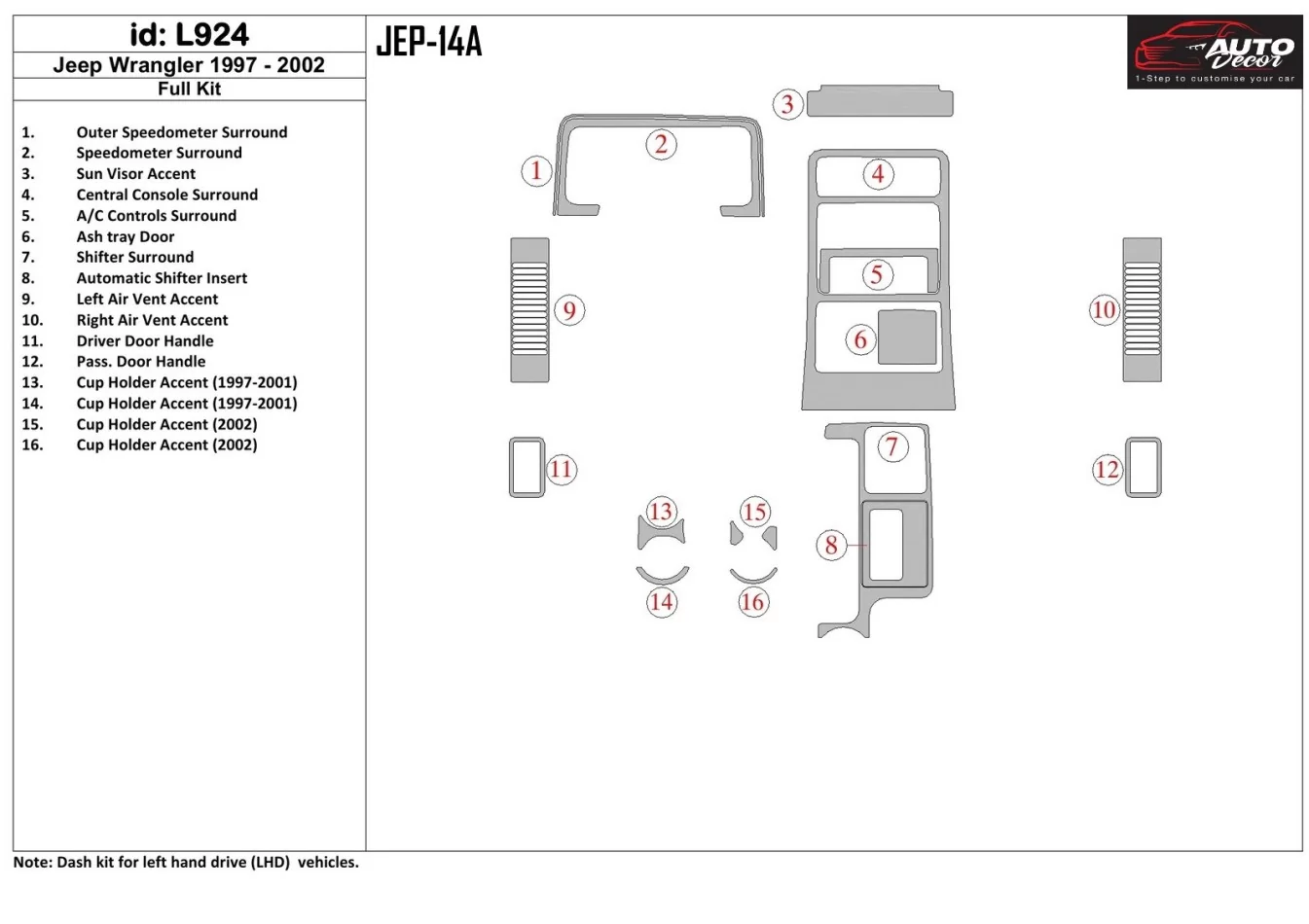 Jeep Cherokee 1997-2001 Full Set, Automatic Gear Interior BD Dash Trim Kit - 1 - Interior Dash Trim Kit