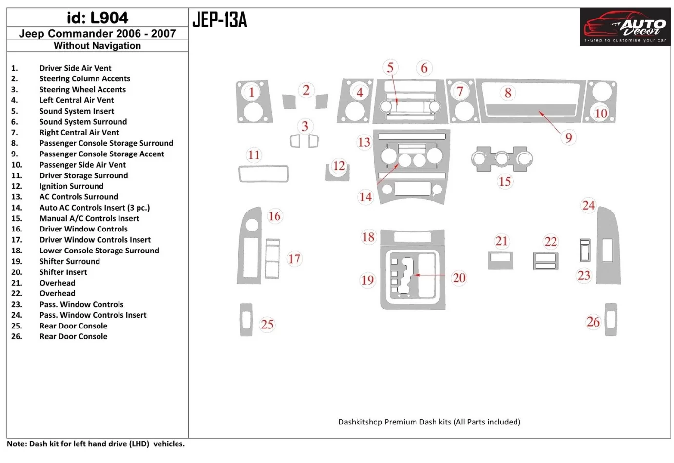Jeep Commander 2006-2007 Without NAVI Interior BD Dash Trim Kit - 1 - Interior Dash Trim Kit