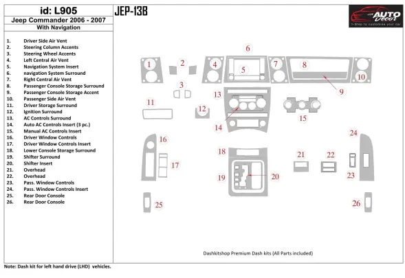 Jeep Commander 2006-2007 avec kit de garniture de tableau de bord intérieur NAVI BD - 1 Jeep Commander 2006-2007 avec kit de garniture de tableau de bord intérieur NAVI BD - 1