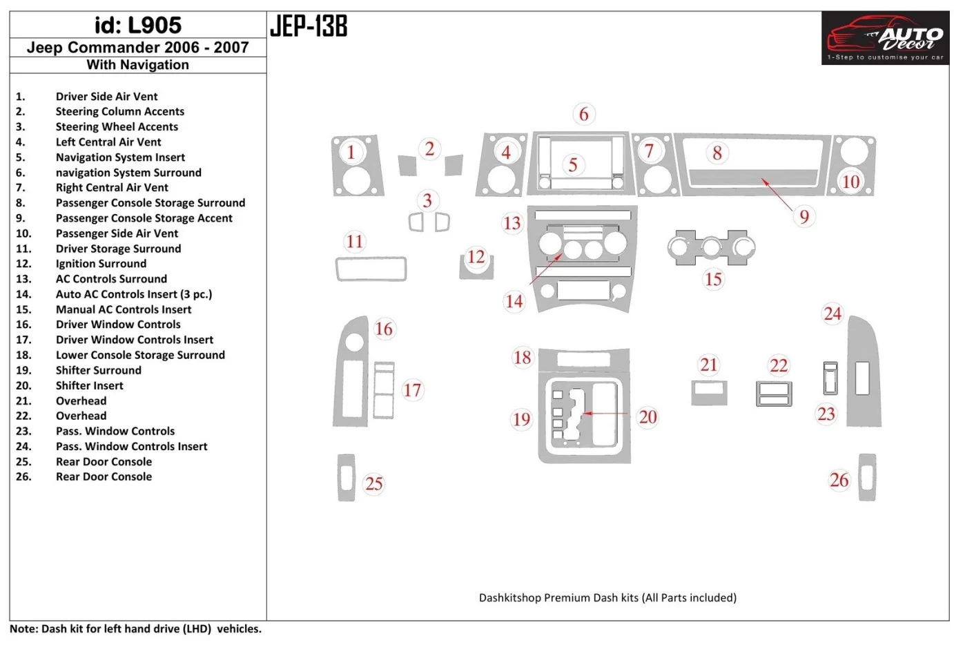 Jeep Commander 2006-2007 avec kit de garniture de tableau de bord intérieur NAVI BD - 1