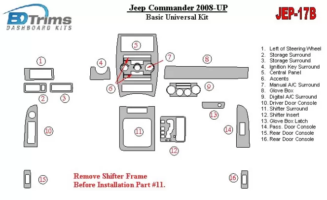Jeep Commander 2008-UP Kit universel de base Kit de garniture de tableau de bord intérieur BD - 1 Jeep Commander 2008-UP Kit universel de base Kit de garniture de tableau de bord intérieur BD - 1