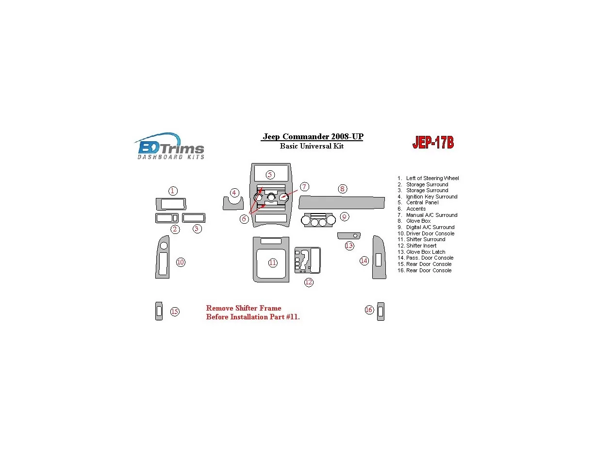 Jeep Commander 2008-UP Kit universel de base Kit de garniture de tableau de bord intérieur BD - 1