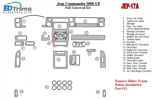 Jeep Commander 2008-UP Kit de garniture de tableau de bord intérieur complet universel BD - 1 Jeep Commander 2008-UP Kit de garniture de tableau de bord intérieur complet universel BD - 1