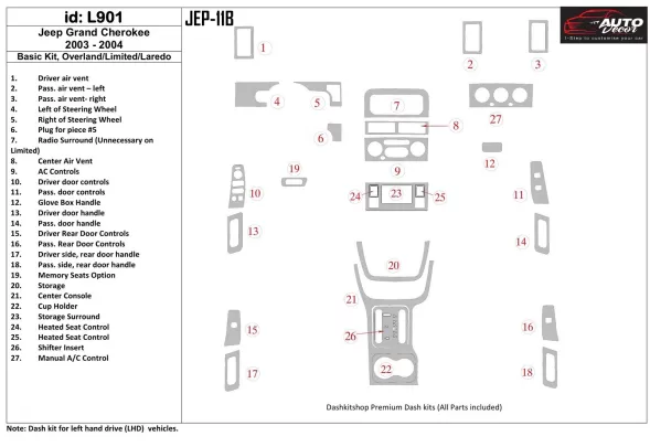Jeep Grand Cherokee 2003-2004 Basic Set, Overland, Limited, Laredo Interieur BD Dash Trim Kit - 1 Jeep Grand Cherokee 2003-2004 Basic Set, Overland, Limited, Laredo Interieur BD Dash Trim Kit - 1