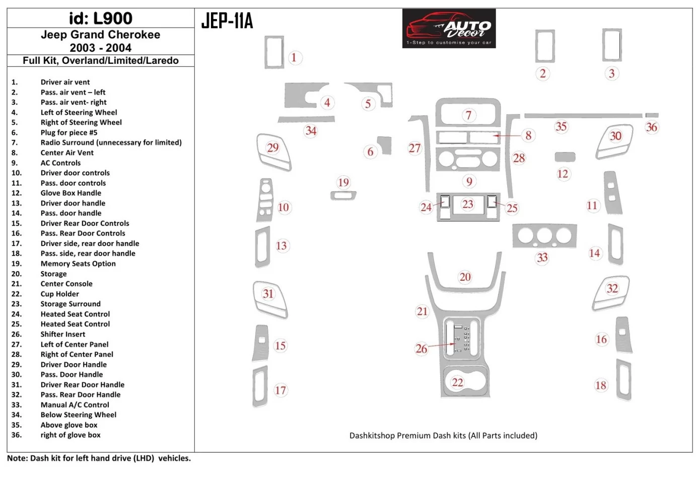 Jeep Grand Cherokee 2003-2004 Volledige set, Overland, Limited, Laredo Interieur BD Dash Trim Kit - 1