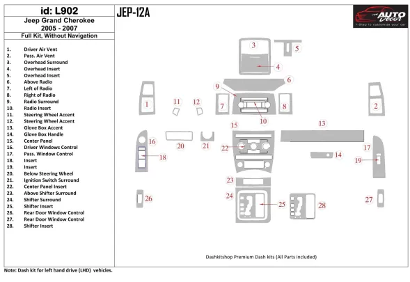 Jeep Grand Cherokee 2005-2007 Ensemble complet, sans kit de garniture de tableau de bord intérieur NAVI BD - 1