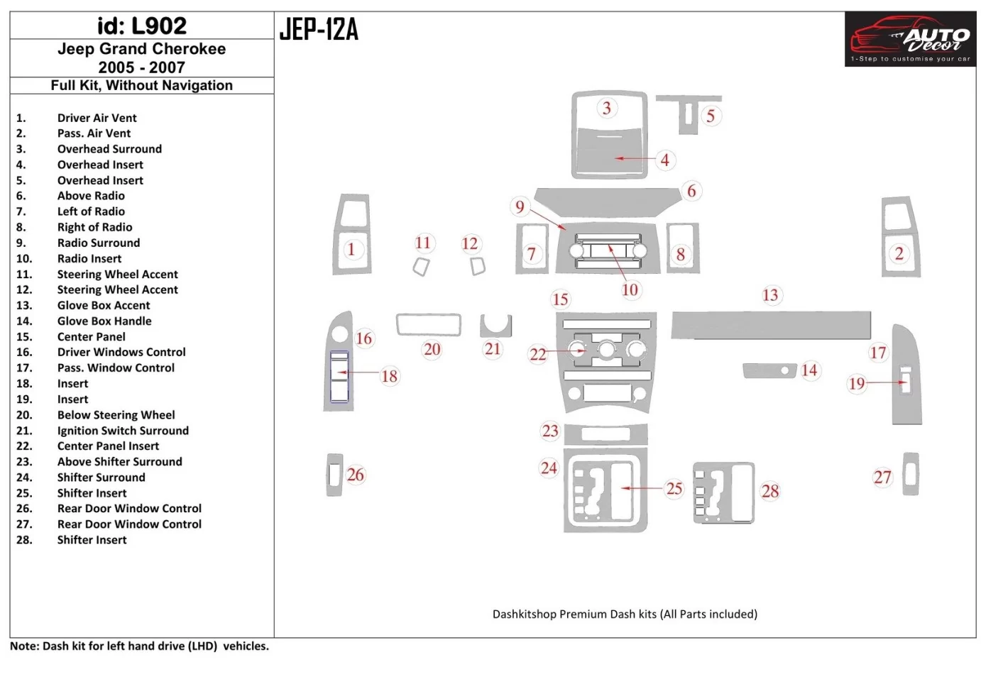 Jeep Grand Cherokee 2005-2007 Ensemble complet, sans kit de garniture de tableau de bord intérieur NAVI BD - 1