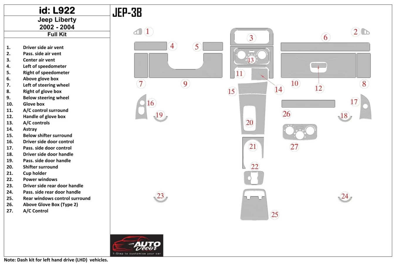 Jeep Liberty 2002-2004 Full Set Interior BD Dash Trim Kit - 1 - Interior Dash Trim Kit