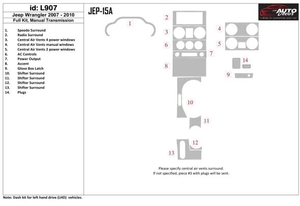 Jeep Wrangler 2007-2010 Ensemble complet, kit de garniture de tableau de bord intérieur BD pour boîte de vitesses manuelle - 1