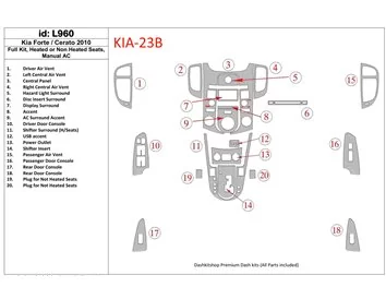 Ensemble complet Kia Cerato 2010-2011, avec chauffage et sans chauffage des sièges, kit de garniture de tableau de bord intérieu