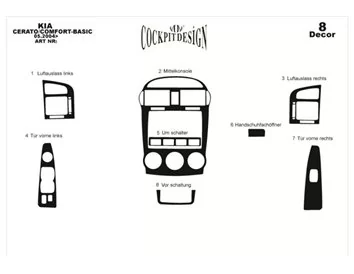 Kia Cerato LX Sedan 05.04-03.07 Kit de garniture de tableau de bord intérieur 3D Dash Trim Dekor 8-Parts