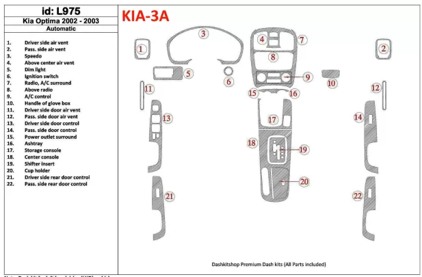 Kia Optima 2002-2003 Kit de garnitures de tableau de bord intérieur BD pour boîte de vitesses automatique - 1 Kia Optima 2002-2003 Kit de garnitures de tableau de bord intérieur BD pour boîte de vitesses automatique - 1