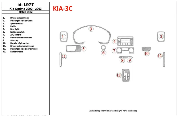 Kia Optima 2002-2003 Kit de garniture de tableau de bord BD intérieur conforme OEM - 1 Kia Optima 2002-2003 Kit de garniture de tableau de bord BD intérieur conforme OEM - 1