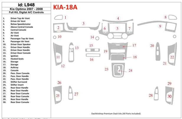KIA Optima 2007-2008 Ensemble complet, kit de garniture de tableau de bord intérieur BD à contrôle automatique de la climatisati KIA Optima 2007-2008 Ensemble complet, kit de garniture de tableau de bord intérieur BD à contrôle automatique de la climatisati