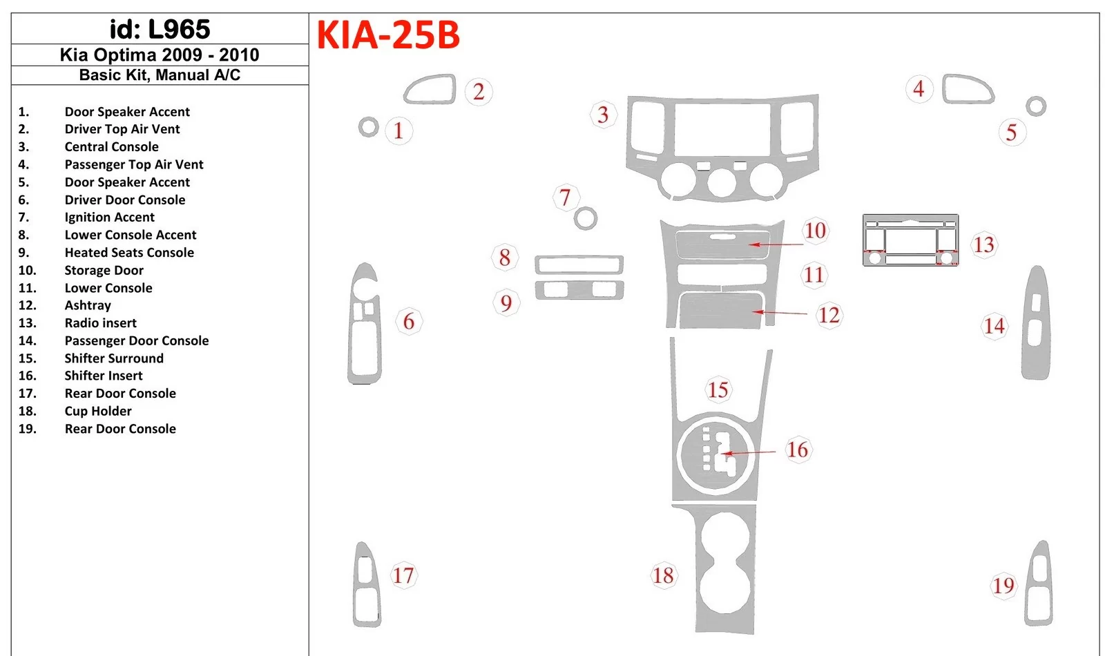 KIA Optima 2009-2010 Ensemble de base, Boîte de vitesses manuelle AC Intérieur BD Dash Trim Kit - 1